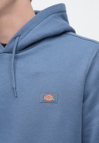 Ανοιχτό μπλε φούτερ με κουκούλα, κατασκευασμένο από βαμβακερό μείγμα. Διαθέτει τσέπη καγκουρό, ρυθμιζόμενο κορδόνι και κεντημένη πλακέτα με λογότ υπο στο αριστερό στήθος.