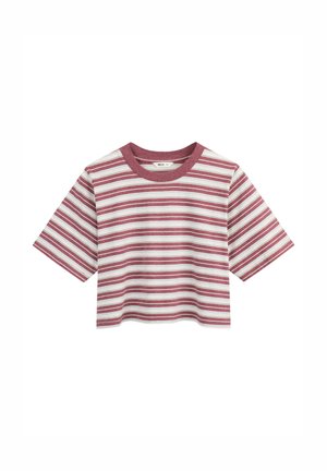 Korte mouwen cropped T-shirt met horizontale bordeauxrode en witte strepen en een bordeauxrode ronde hals.