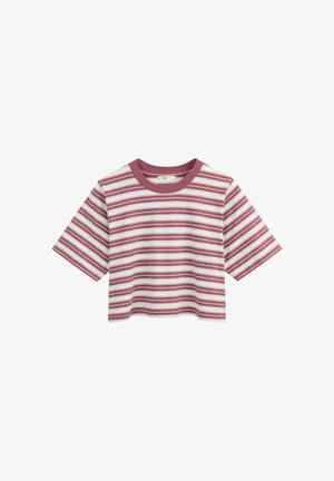 Korte mouwen cropped T-shirt met horizontale bordeauxrode en witte strepen en een bordeauxrode ronde hals.
