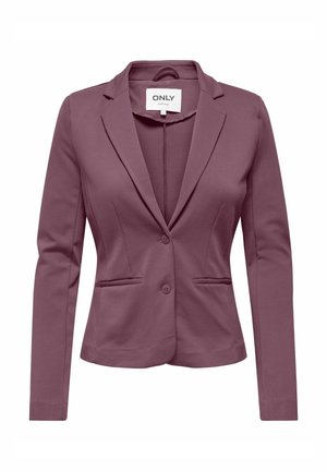 Fitted purple blazer with a notched lapel, two front pockets, single button closure, and smooth, textured fabric.
