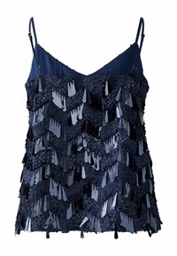 Marineblaues Tanktop mit dünnen Trägern, ausgestattet mit geschichteten, wellenförmigen Mustern aus reflektierenden Pailletten in verschiedenen Blau- und Schwarztönen.