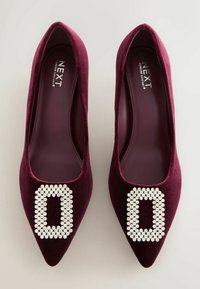 Bordo velveta kurpes ar smailu purngalu un lielu kristālu rotājumu uz purngala. Gluda tekstūra, elegants dizains.