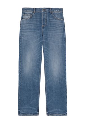 Jeans in denim blu con taglio dritto, design a cinque tasche e cuciture visibili. Leggera scoloritura nelle cosce, passanti per cintura classici.