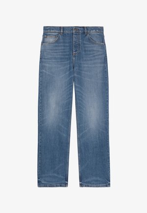 Jeans in denim blu con taglio dritto, design a cinque tasche e cuciture visibili. Leggera scoloritura nelle cosce, passanti per cintura classici.