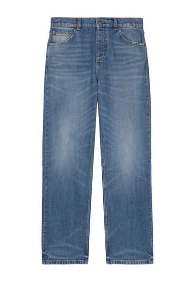 Jeans in denim blu con taglio dritto, design a cinque tasche e cuciture visibili. Leggera scoloritura nelle cosce, passanti per cintura classici.