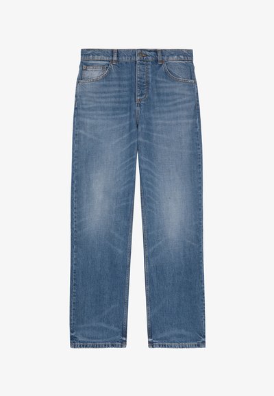 Blauwe denim jeans met een rechte pijp, vijf zakken, en zichtbare stiksels. Lichte vervaging op de bovenbenen, klassieke riemlussen.
