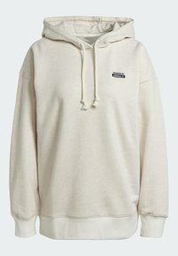 Beige Adidas-hoodie med framdragna snören, ribbade manschetter och nederkant samt dubbla svart-vita Adidas-logotyper på vänster bröst.