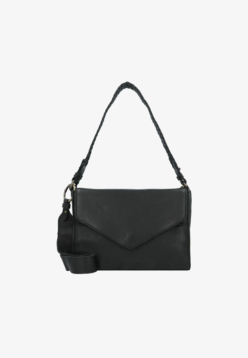 Sac à main en cuir noir avec une finition texturée, doté d'une anse en bandoulière tressée et d'une fermeture en rabat de style enveloppe.