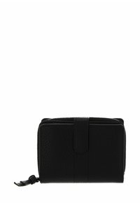 Portefeuille en cuir noir à surface texturée, fermeture éclair et rabat avant. Comprend une sangle de poignet attachée pour plus de commodité.