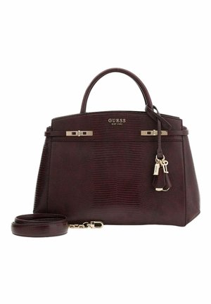 Sac à main en cuir bordeaux avec texture crocodile, double poignée supérieure, bandoulière amovible, et accents en métal doré, arborant le logo de la marque.