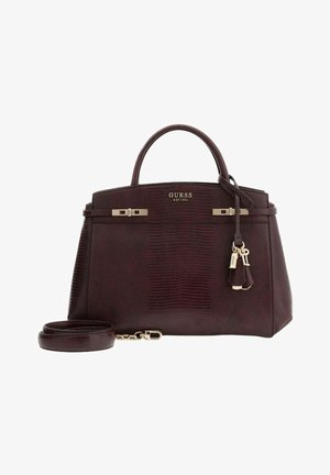 Sac à main en cuir bordeaux avec texture crocodile, double poignée supérieure, bandoulière amovible, et accents en métal doré, arborant le logo de la marque.