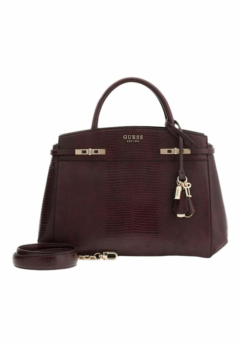 Sac à main en cuir bordeaux avec texture crocodile, double poignée supérieure, bandoulière amovible, et accents en métal doré, arborant le logo de la marque.