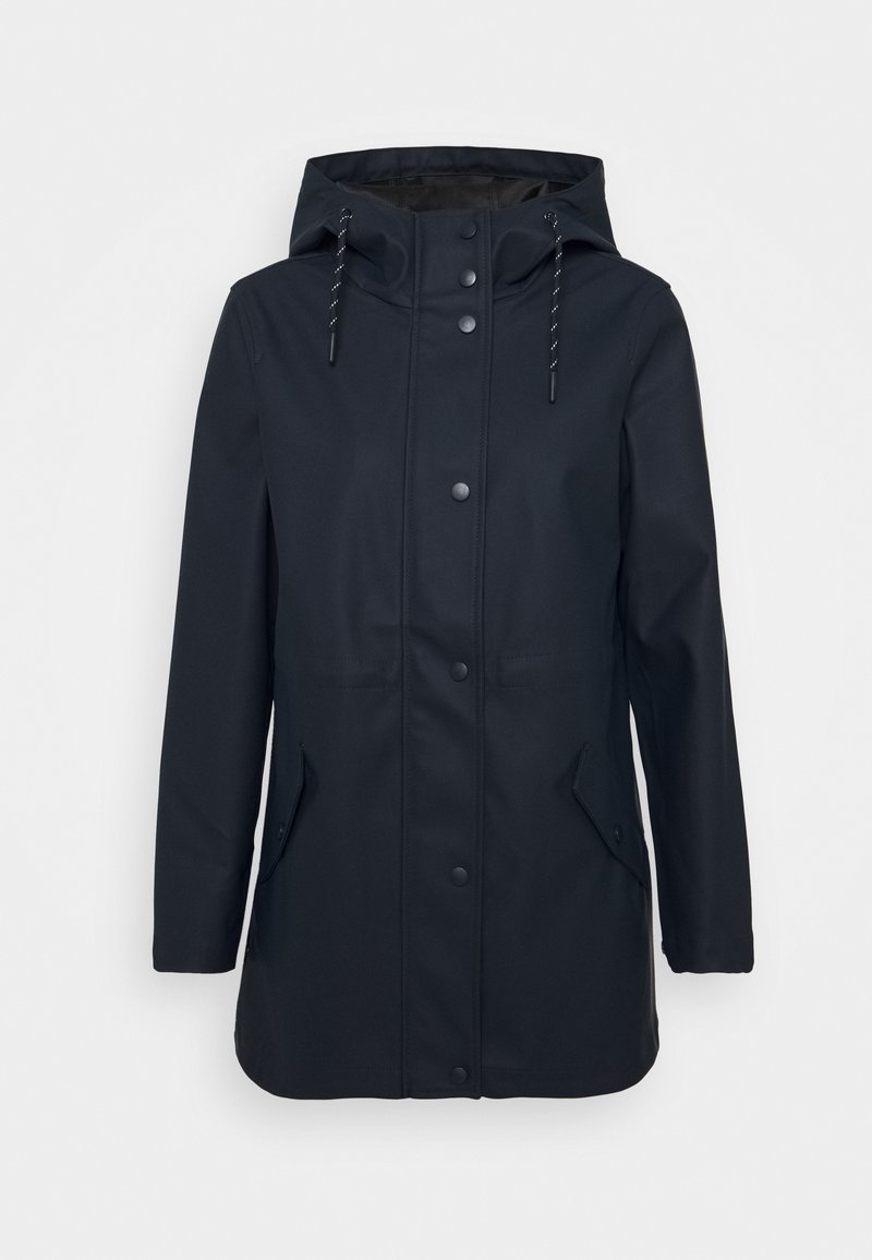 Marineblauem wasserdichtem Jacke mit Kapuze, Druckknopfverschlüssen, Kordelzügen und zwei Seitentaschen. Glattes Material und ein einfaches, funktionales Design.