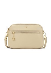 Béžová kožená kabelka cez rameno s textúrovaným povrchom, zipsovým predným vreckom, zlatými doplnkami a odnímateľným ozdobným detailom. Súčasťou je nastaviteľný popruh.