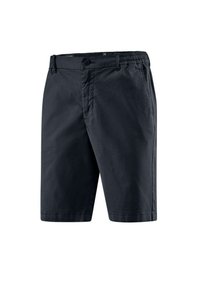 Pantaloni corti di un blu navy scuro realizzati in tessuto leggero. Presentano una chiusura con bottone, una cintura elastica e tasche laterali. Texture liscia, vestibilità su misura.