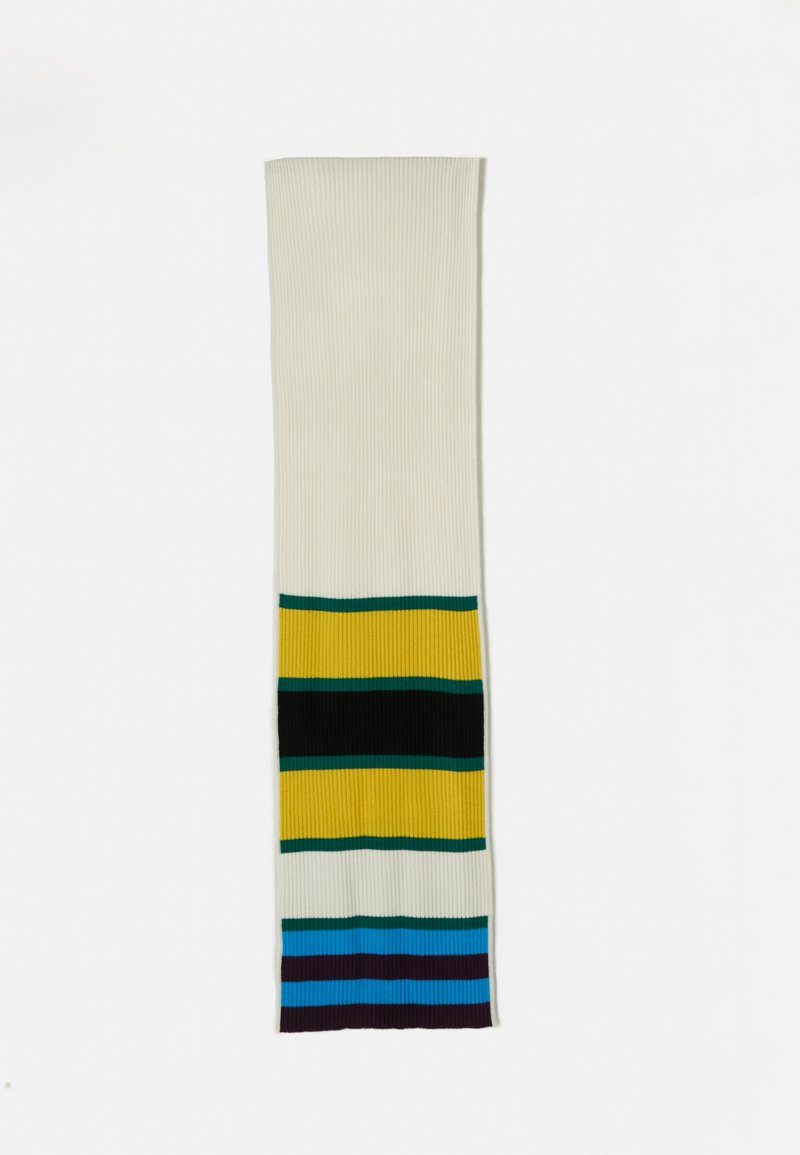 Écharpe côtelée de couleur crème avec des rayures horizontales jaune, noir, sarcelle, marine et violet. Texture douce avec un design long et étroit.