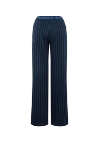 Dunkelblaue weitgeschnittene Hose mit hellblauen vertikalen Streifen. Elastischer Bund mit dem Schriftzug „IMAGINE“. Weicher, dehnbarer Stoff, legere Gestaltung.