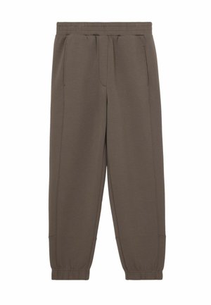 Braune Jogginghosen aus weichem Stoff mit elastischem Bund, zwei Seitentaschen und verjüngten Bündchen an den Knöcheln.