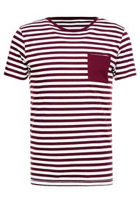 Camiseta de rayas en burdeos y blanco, de algodón, con mangas cortas y cuello redondo, con un bolsillo burdeos en el lado izquierdo del pecho.