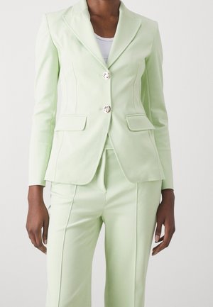 Femme portant un blazer vert pastel ajusté à deux boutons et un pantalon taille haute assorti, debout devant un fond uni.