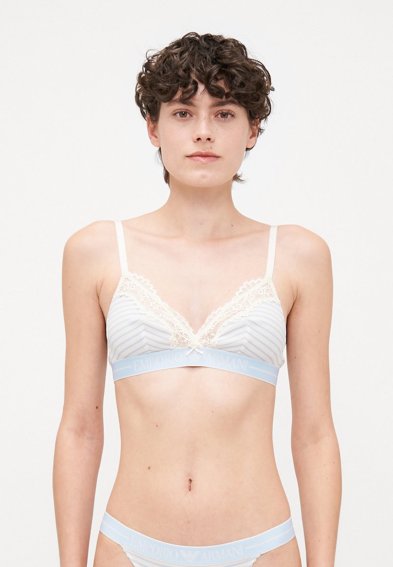 Light blue striped bralette with lace trims and a matching logo band. Soft fabric, triangle shape, featuring front bow detail and adjustable straps.