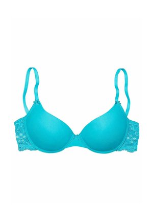Turquoise push-up bra with smooth cups, lace side panels, adjustable straps, and a decorative front clasp.