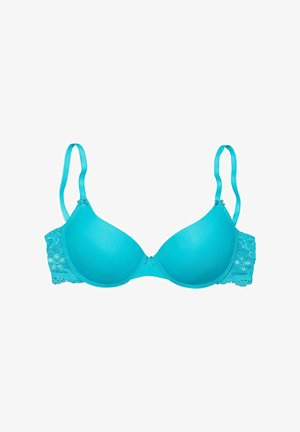 Türkisfarbener Push-Up-BH mit glatten Cups, Spitzen-Seitenpaneelen, verstellbaren Trägern und einem dekorativen Frontverschluss.