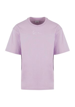 Tricou din bumbac lavender cu mâneci scurte, decolteu rotund și un logo alb pe față. Design simplu, fără modele sau accente.