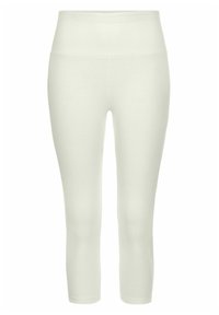 Vita, ankle-långa leggings med bred midja. Tillverkade av mjukt, stretchigt tyg; slät textur utan synliga mönster eller detaljer i metall.