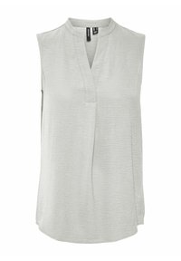 Haut sans manches gris clair avec un col mandarin, présentant une texture subtile et une patte de boutonnage à l'avant avec une légère fente sur le côté.
