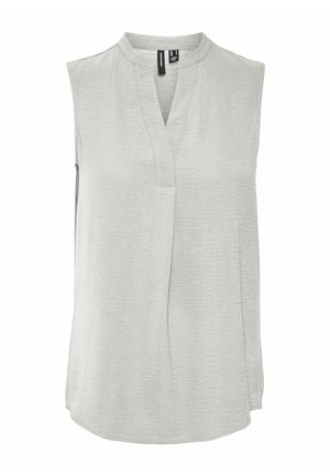 Light gray sleeveless top with a mandarin collar, featuring a subtle texture and a front placket with a slight side slit.