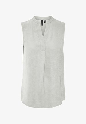 Haut sans manches gris clair avec un col mandarin, présentant une texture subtile et une patte de boutonnage à l'avant avec une légère fente sur le côté.