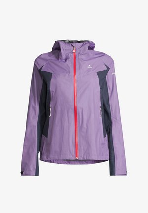Fioletowa wodoodporna kurtka z zamkiem z przodu, kontrastowymi ciemnoniebieskimi akcentami i kapturem. Posiada strukturalną tkaninę i boczne kieszenie.
