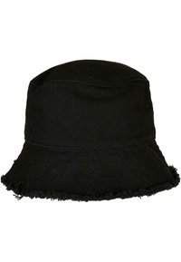 Sort corduroy bucket hat med en frynset skygge, der har en vertikal ribbet tekstur og en rund krone. Simpelt design uden yderligere dekorationer.