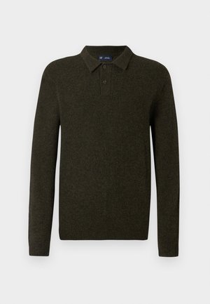 Grüner Langarm-Polo-Pullover mit strukturiertem Finish, zwei-Knopf-Leiste und gerippten Bündchen. Einfaches, klassisches Design, geeignet für legere Freizeitkleidung.