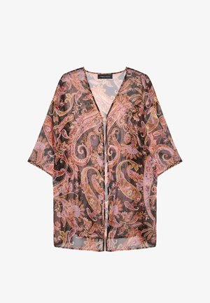 Gennemsigtig kimono-style bluse med et paisley-mønster i varme nuancer af pink, orange og brun, med V-udskæring og vide ærmer.