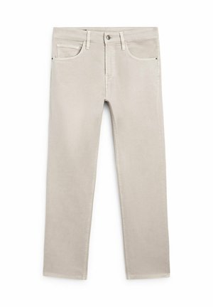 Light gray denim jeans with a straight cut, featuring front pockets, a button closure, and subtle stitching details.