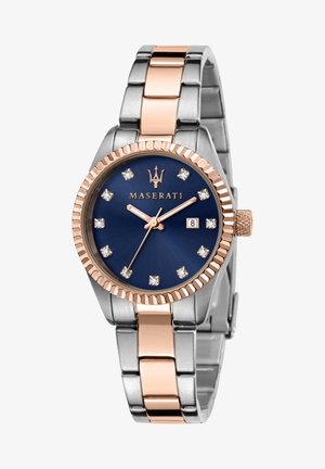 Montre Maserati avec un cadran bleu, des accents en or rose et un bracelet en métal argenté et or rose. Indices horaires ressemblant à des diamants et affichage de la date.