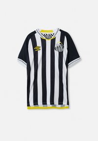 Svart-hvitt stripete genser med V-hals design, med gule detaljer og et "S.F.C."-logo på brystet. Laget av pustende stoff.