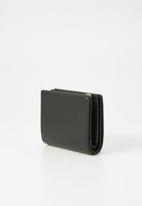 Black leather wallet with a textured finish, compact rectangular shape, and a bi-fold design; features multiple card slots and a coin pocket.