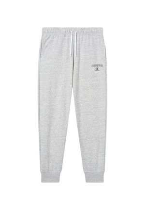 Lichtgrijze joggingbroek van zachte stof, met een elastische tailleband met trekkoorden en een klein zwart logo op de linker dij.