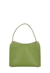 Borsa a tracolla verde in pelle con una superficie liscia, caratterizzata da un manico curvo singolo e cuciture a contrasto lungo i bordi.