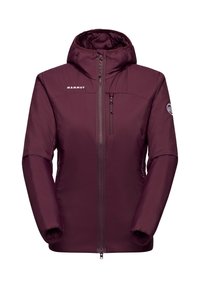 Dames bordeauxrode geïsoleerde hoodie met frontale rits, borstzak en Mammut-logo op de borst en linkermouw.