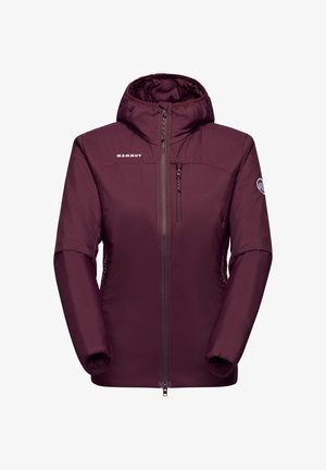 D Frauen-Jacke in Mahagoni mit Kapuze, isoliert, mit Frontreißverschluss, Brusttasche und Mammut-Logo auf der Brust und dem linken Ärmel.