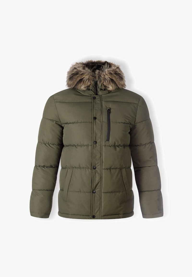 Olive green puffer jacket with a fur-trimmed hood, featuring a zippered chest pocket and two front snap-button pockets, quilted design.