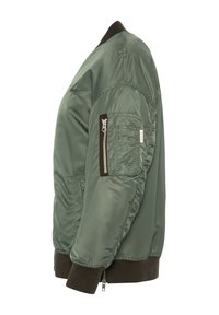 Grüne Bomberjacke aus glattem Nylon. Sie verfügt über einen gerippten Kragen und Bündchen, eine Reißverschlusstasche am Ärmel und Logo-Details auf der Schulter.
