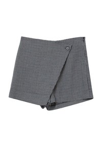 Pantaloni corti grigi a scacchi con un design avvolgente, dotati di chiusura a pulsante sul lato. Realizzati in un tessuto dalla texture morbida.