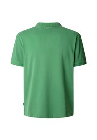 Green polo shirt made of cotton, featuring a classic collar, short sleeves, and a straight bottom hem, with smooth texture and no embellishments.