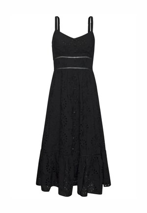 Robe noire à bretelles spaghetti, ornée de broderies florales, de détails en œillets, d'un corsage ajusté et d'une jupe à volants.