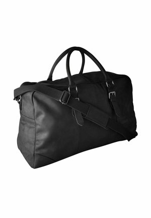 Schwarze Leder-Duffelbag mit zwei Griffen und verstellbarem Schulterriemen, vor weißem Hintergrund gezeigt.